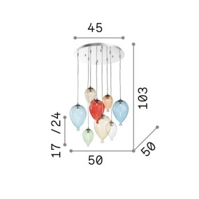 Lustre à 5 lumières gouttes en verre soufflé coloré, attaque G9.