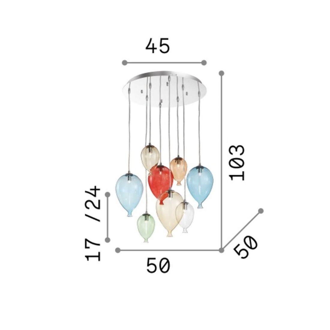 Lustre à 5 lumières gouttes en verre soufflé coloré, attaque G9.