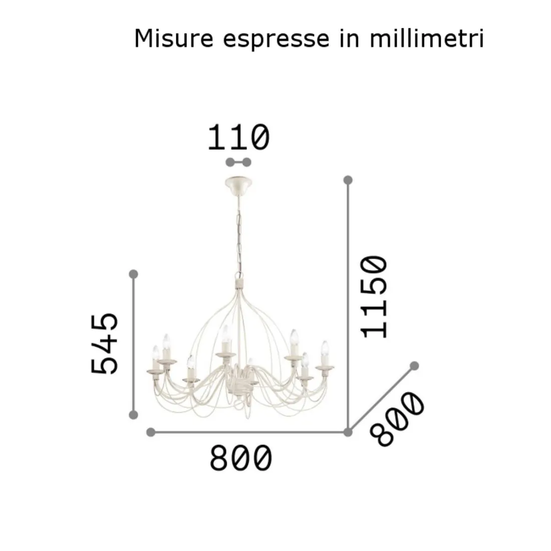 Klassischer Kronleuchter nach oben gerichtet, 8-flammig E14 max. 40W.