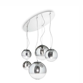 Suspension 5 lumières, multi-lumière, avec des sphères en verre soufflé chromé.