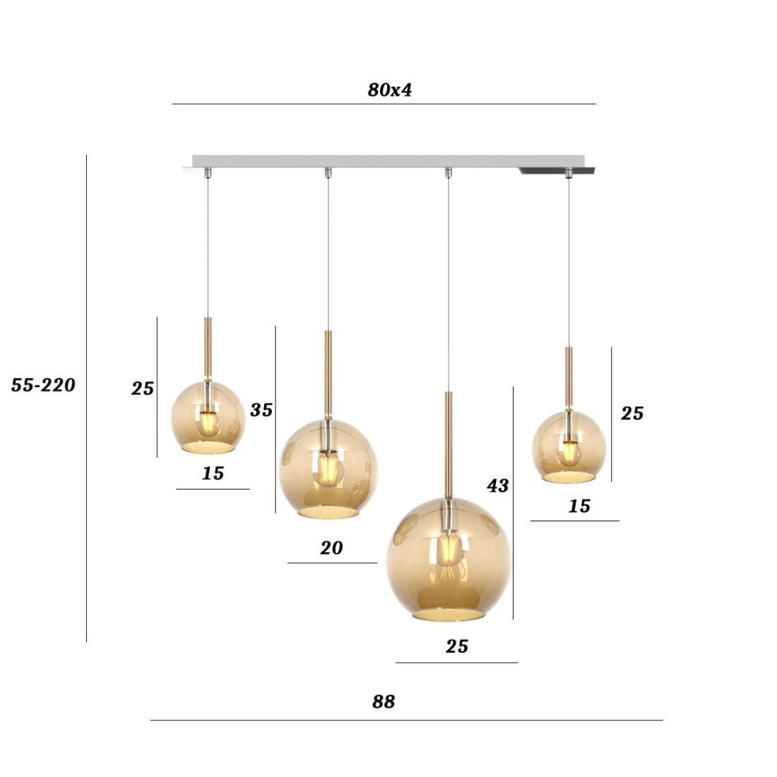 Piantana lampada da terra a 5 luci con paralume in ottone e vetro di Murano  color ambra