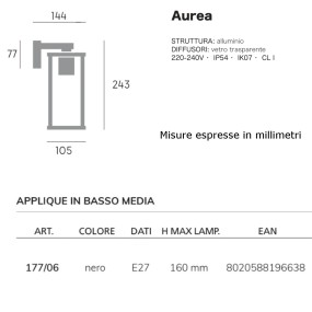 Applique esterno moderna Sovil AUREA 177 06 NERO E27 LED