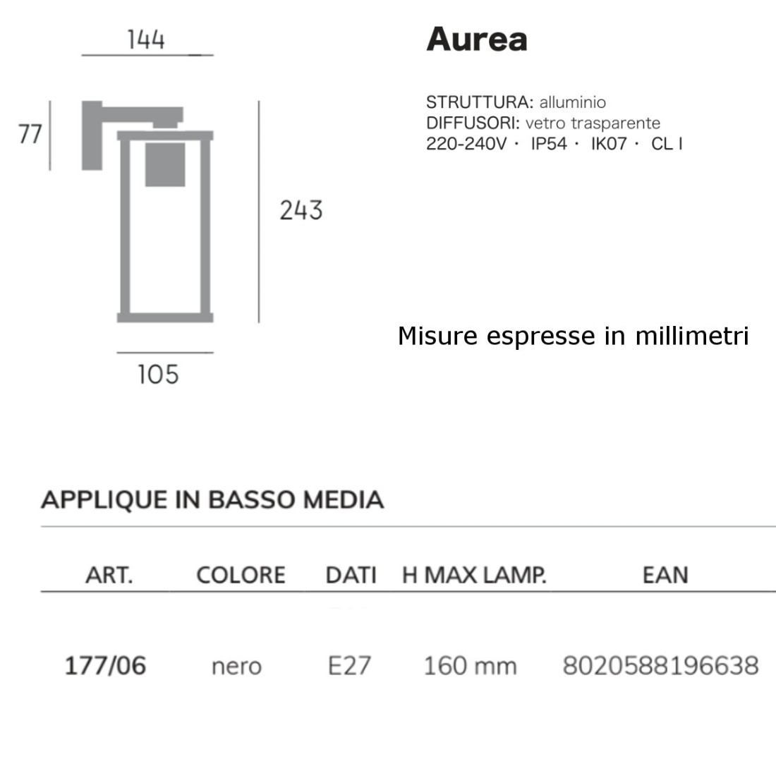 Sovil AUREA 177 06 NOIRE E27 LED applique murale d'extérieur moderne