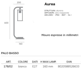 Lampioncino esterno moderno Sovil AUREA 178 02 BIANCO E27 LED