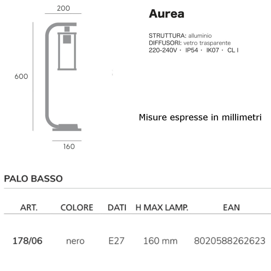 Sovil AUREA 178 06 NOIR E27 LED lanterne d'extérieur moderne