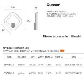 Applique esterno moderno Sovil QUASAR 98778 99778 LED IP65 GRIGIO