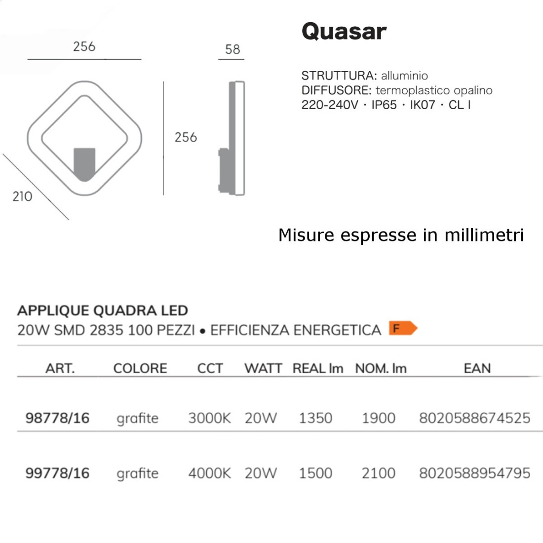 Applique esterno moderno Sovil QUASAR 98778 99778 LED IP65 GRIGIO