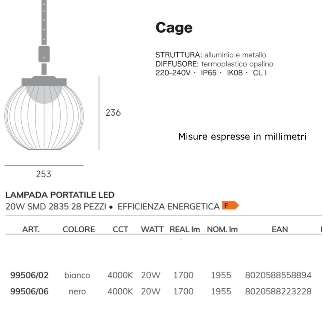 Lustre d'extérieur Sovil CAGE LED 99506 plafonnier à suspension portable moderne