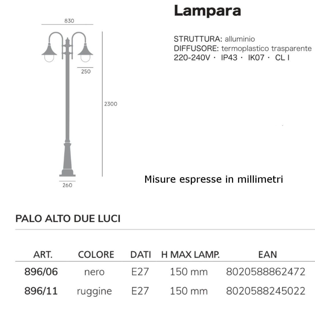 Lampioncino classico Livos LAMPARA 896 E27 LED  ruggine o nero