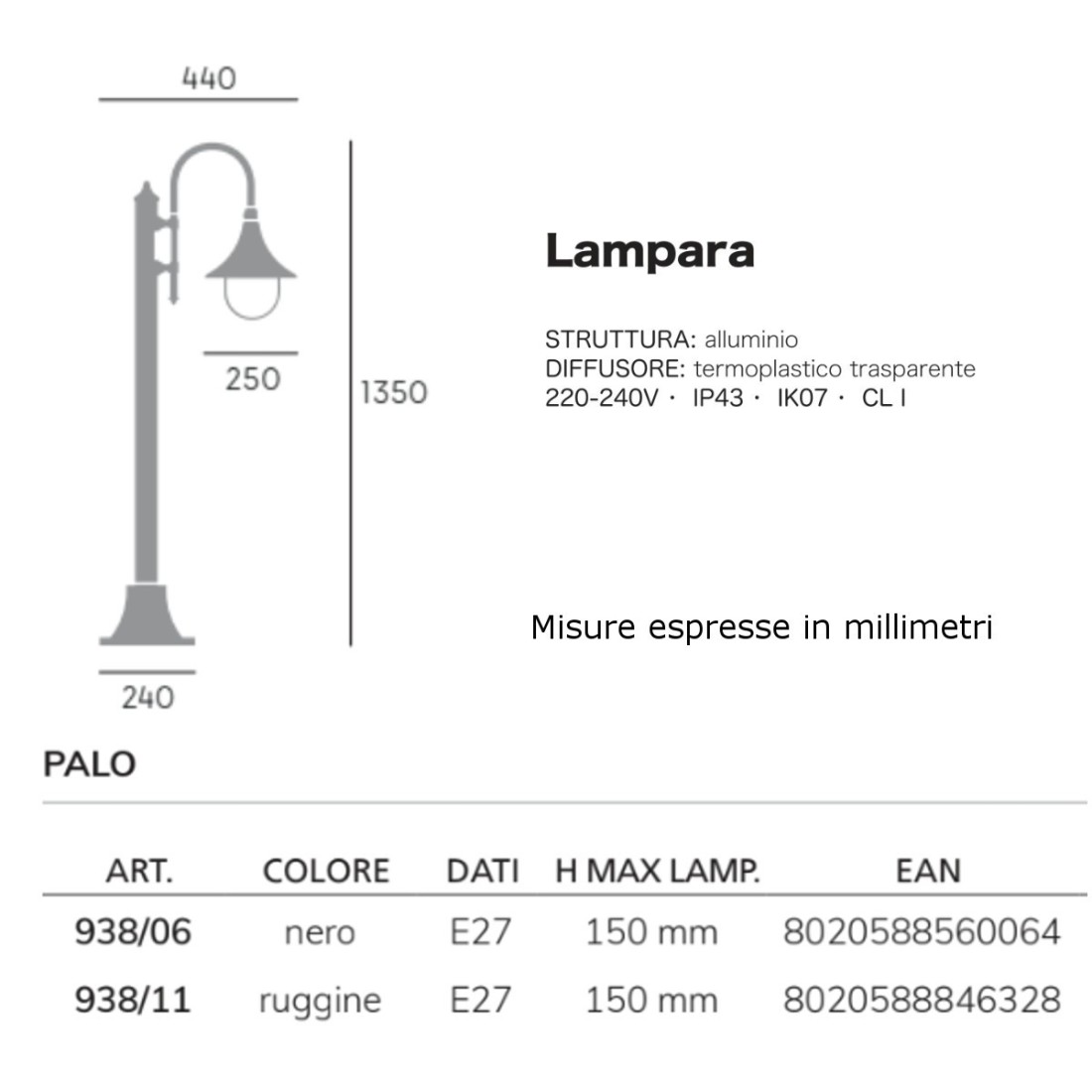 Lanterne classique Livos LAMPARA 938 E27 LED en aluminium