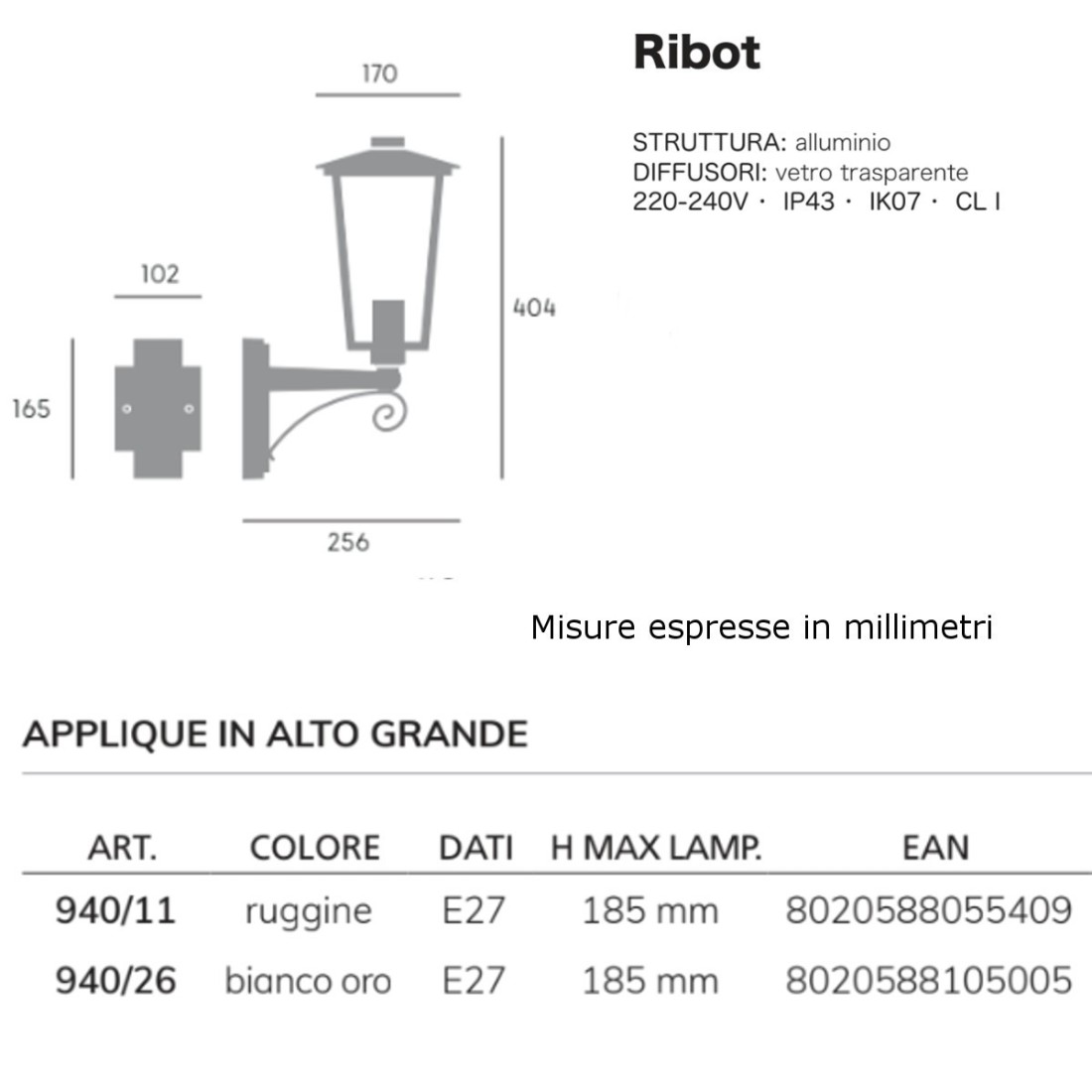 Applique classico Livos RIBOT 940 E27 LED