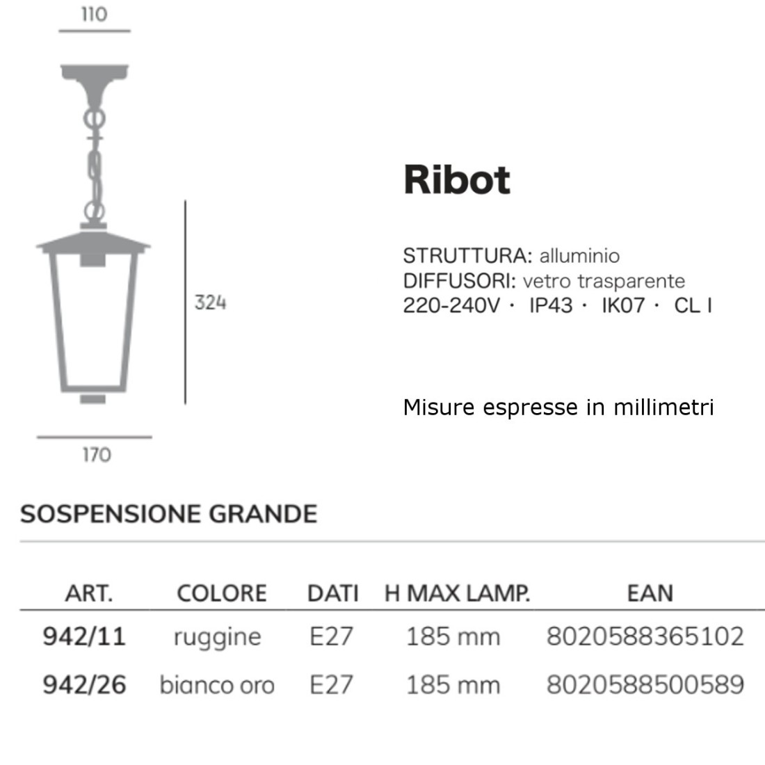 Lustre classique Livos RIBOT 942 E27 LED