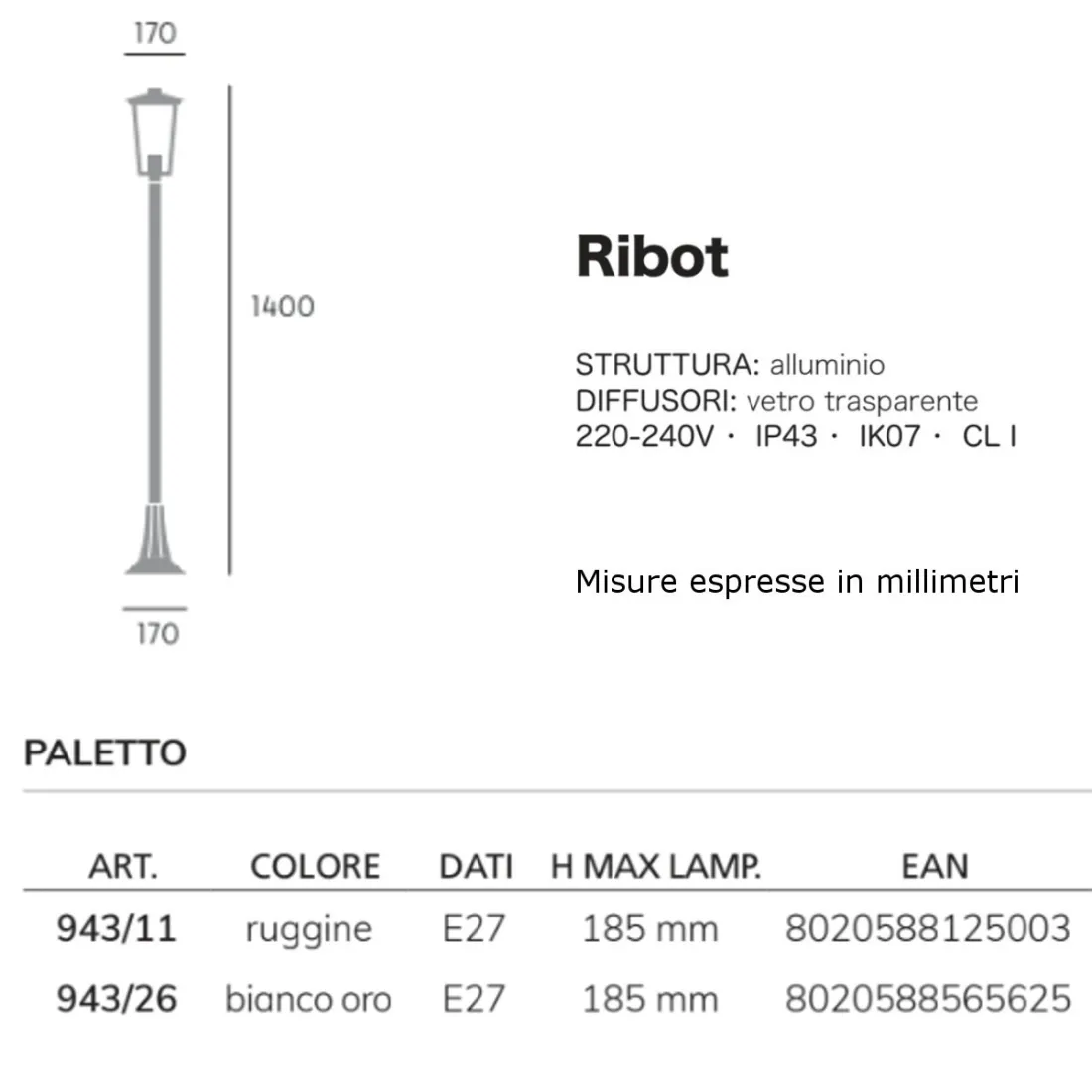 Linterna clásica Livos RIBOT 943 E27 LED