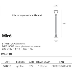 Lampioncino classico Livos MIRO 578 16 E27 LED alluminio