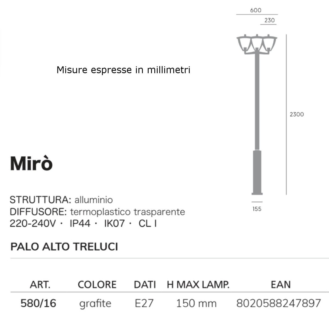 Lampione classico Livos MIRO 580 16 E27 LED alluminio