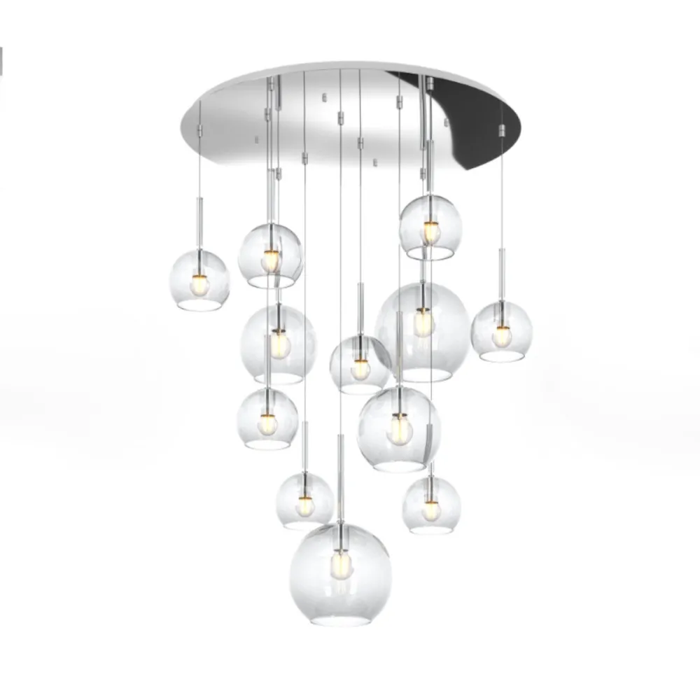 Sospensione moderna, vetro, ampolla, soffiato, 12 luci, colorato.