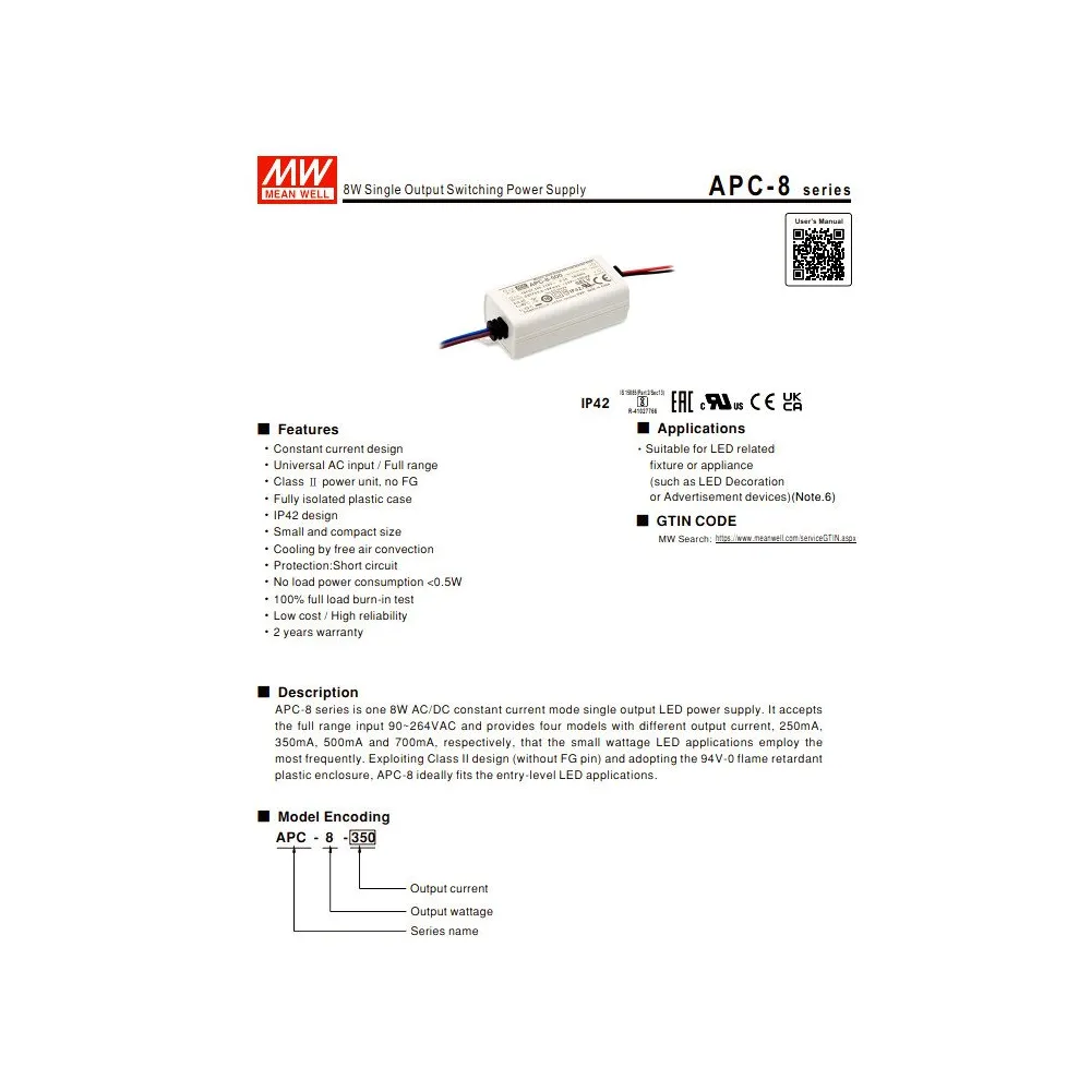 Treiber Lampadari Bartalini APC 8 350 CC-350 mA 8W