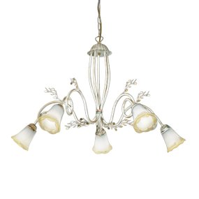 Klassischer Kronleuchter Due P Illuminazione ELENA S5 E14 LED, antikweißes Metall, goldfarbenes Glas