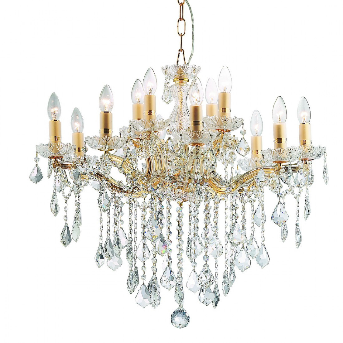 Lampadario ID-FLORIAN SP12 ORO E14 classico vetro cristallo molato gocce trasparenti interno IP20