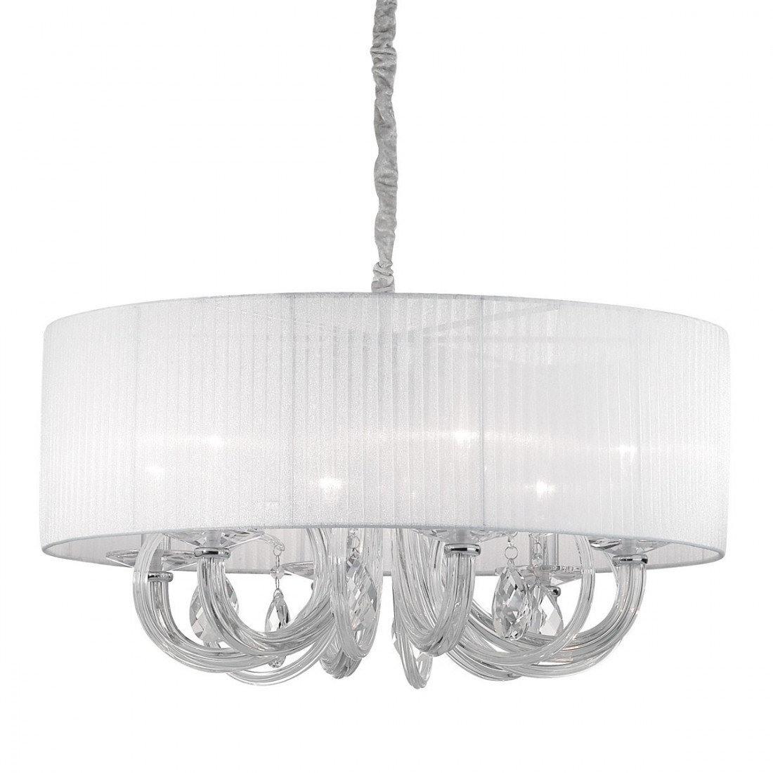 Lampadario ID-SWAN SP6 E14 vetro soffiato cristallo trasparente bianco paralume tessuto organza interno IP20