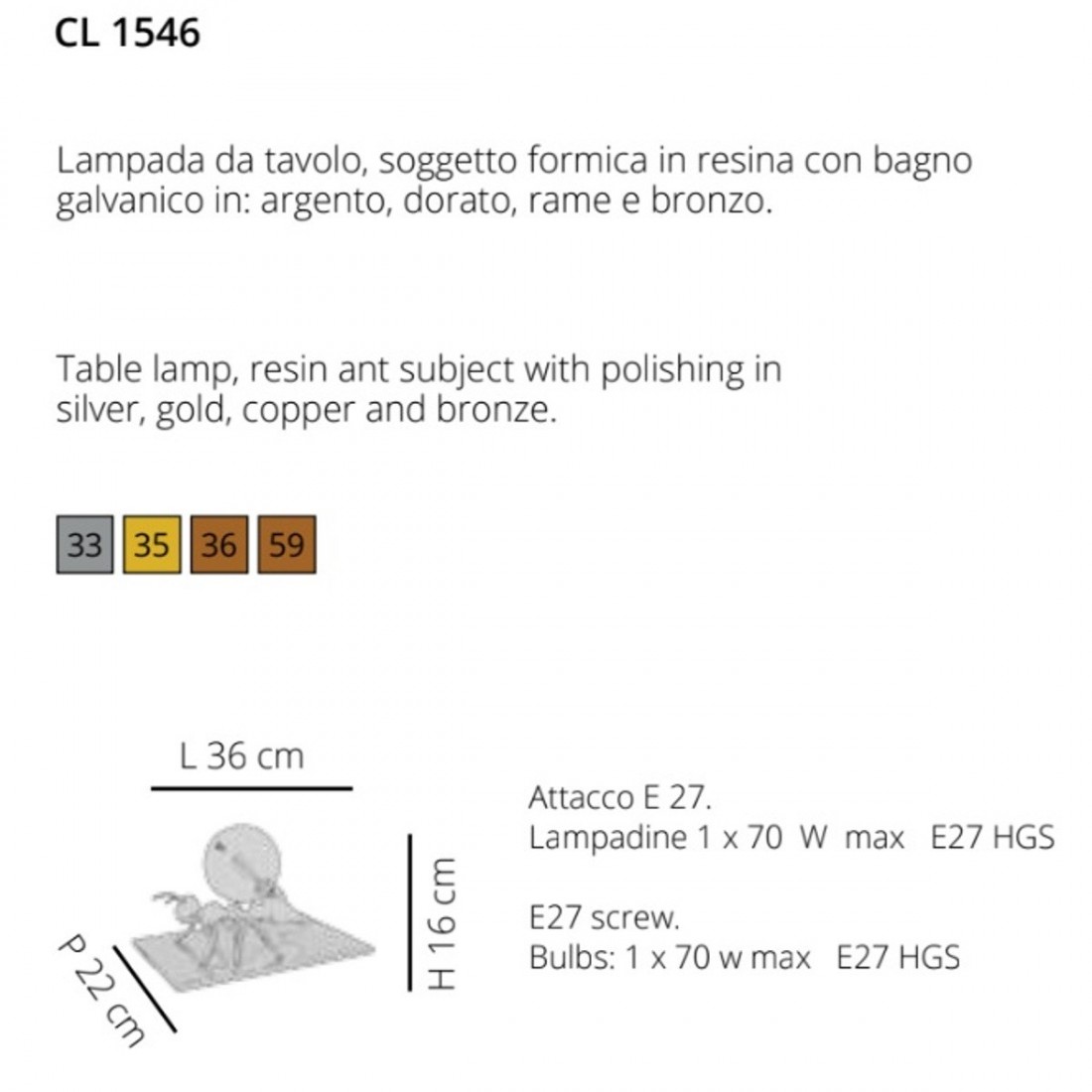 Abat-jour EM-ANTLANTE CL1546 E27 LED resina argento oro rame bronzo lampada tavolo scrivania moderna classica interno