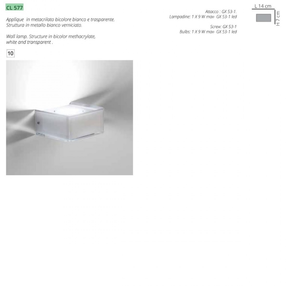 Applique EM-DOMINO CL577 GX53 9W LED mono-emissione metacrilato bianco trasparente lampada parete moderna quadrata interno