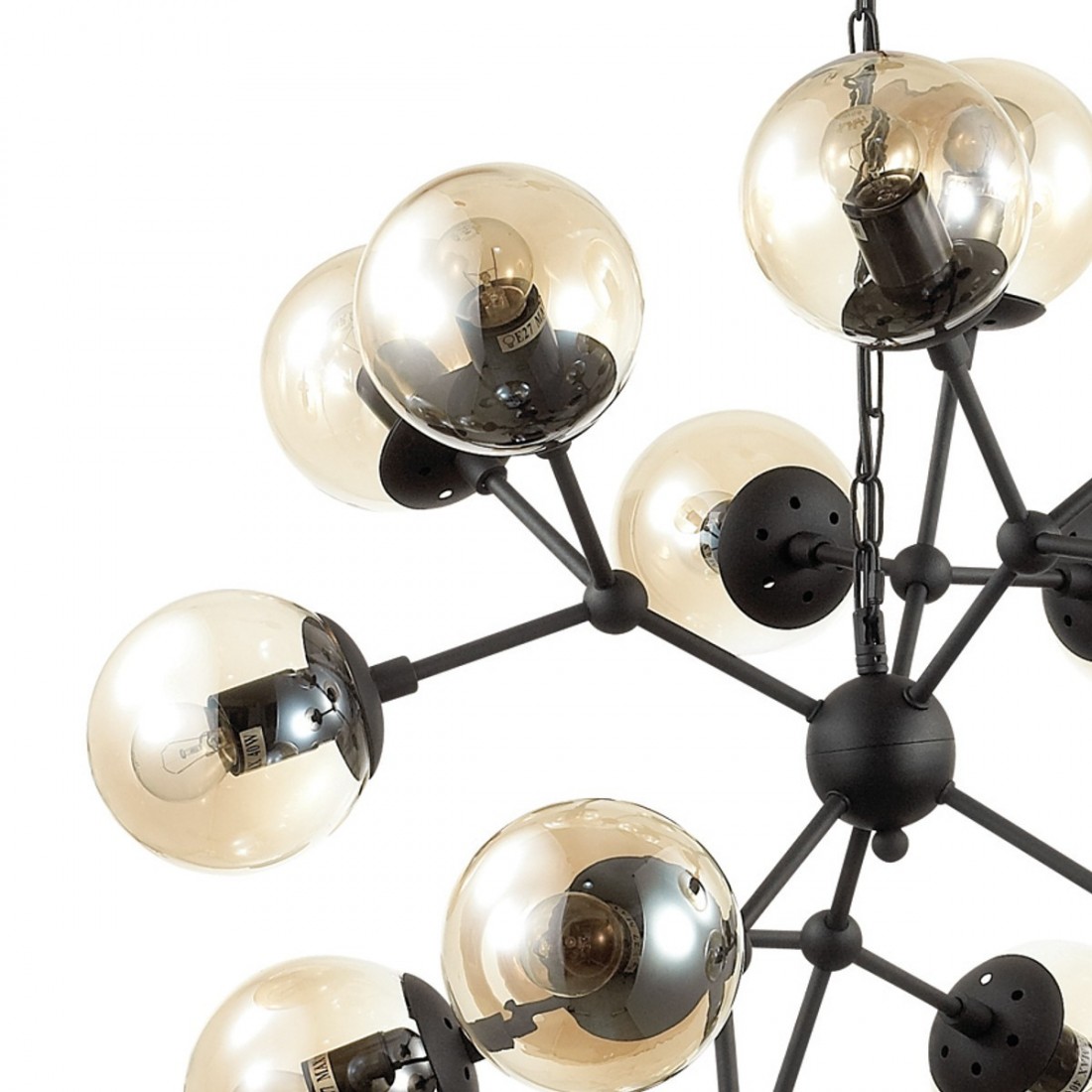 ID-KEPLER SP12 162201 E27 Lustre LED en métal noir mat, verre soufflé transparent ambre, suspension intérieure classique