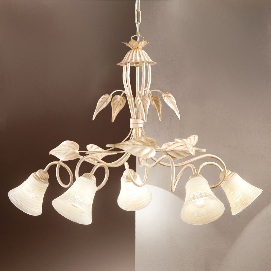 Lampadario DP-TOSCA S5 E14 LED ferro bianco brunito campanina vetro sospensione classica floreale