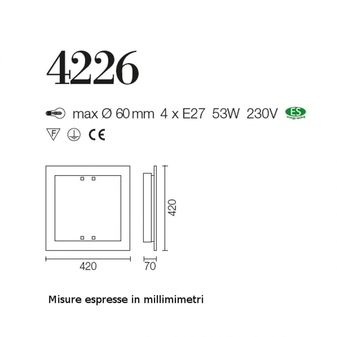 Plafoniera SV-BASIC COLOR 4226 E27 LED 42CM quadrata moderna lampada parete soffitto vetro colorato interno