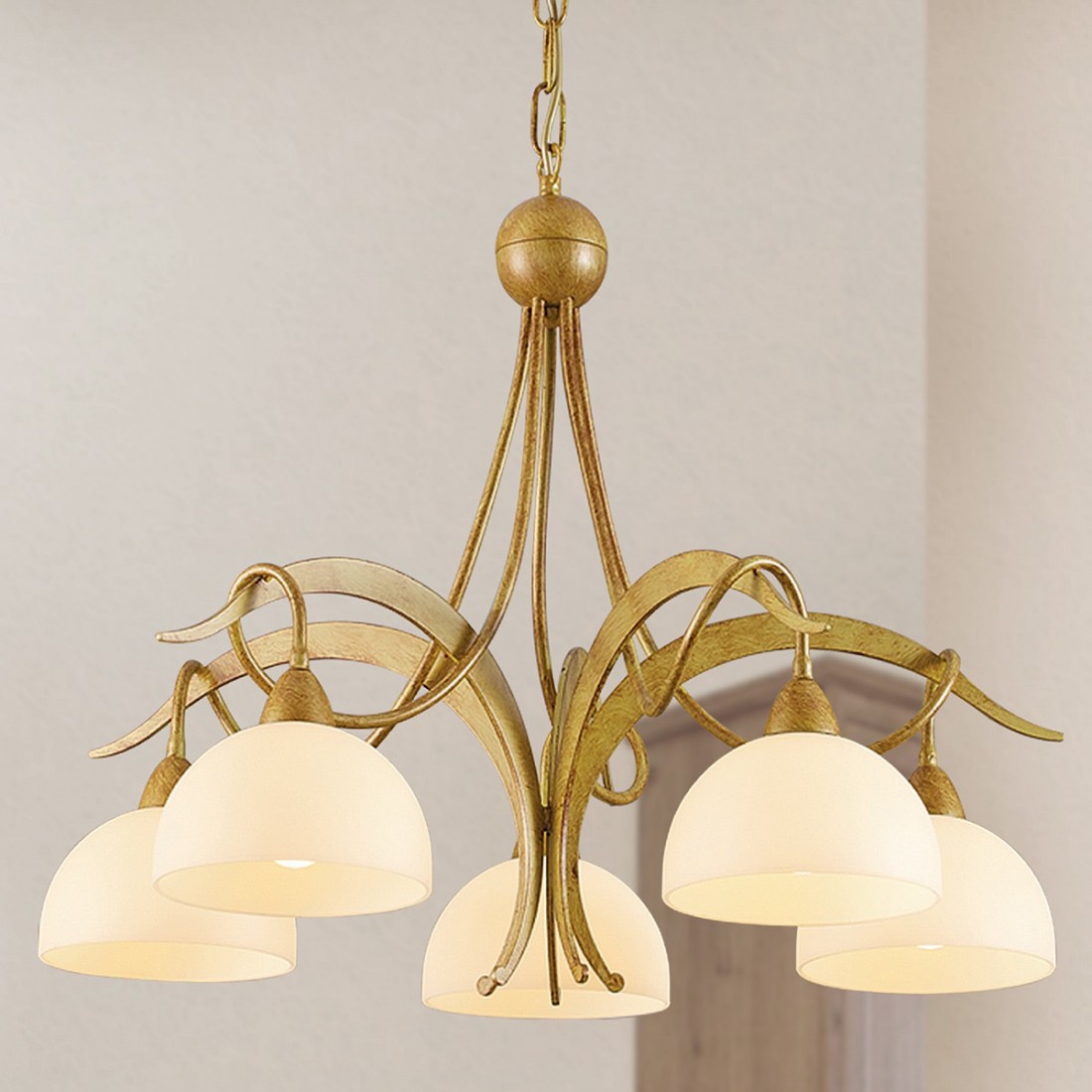 Lustre LED LM-1720 5 E14, métal en laiton flammé, verre crème, suspension multi-lumière classique à l'intérieur