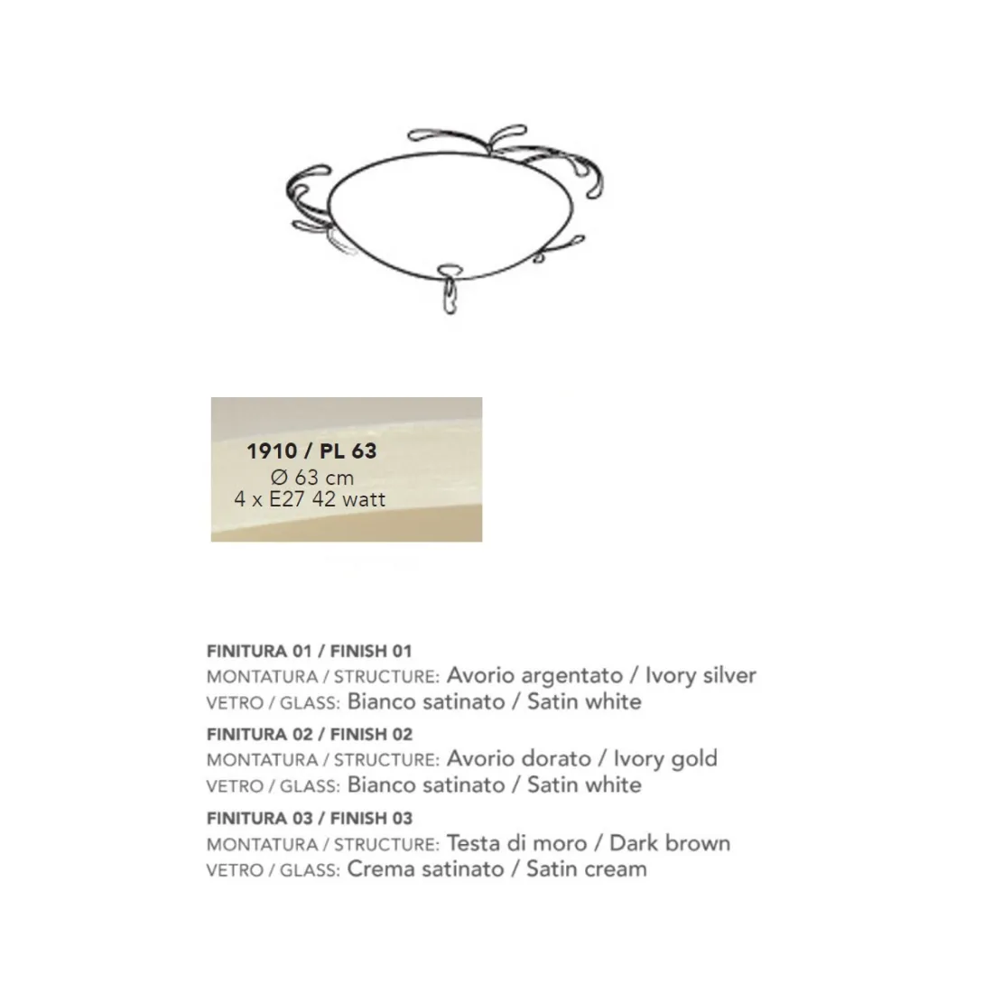 Plafoniera LM-1910 PL 40 E27 LED vetro bianco o crema lampada soffitto tonda classica metallo marrone avorio