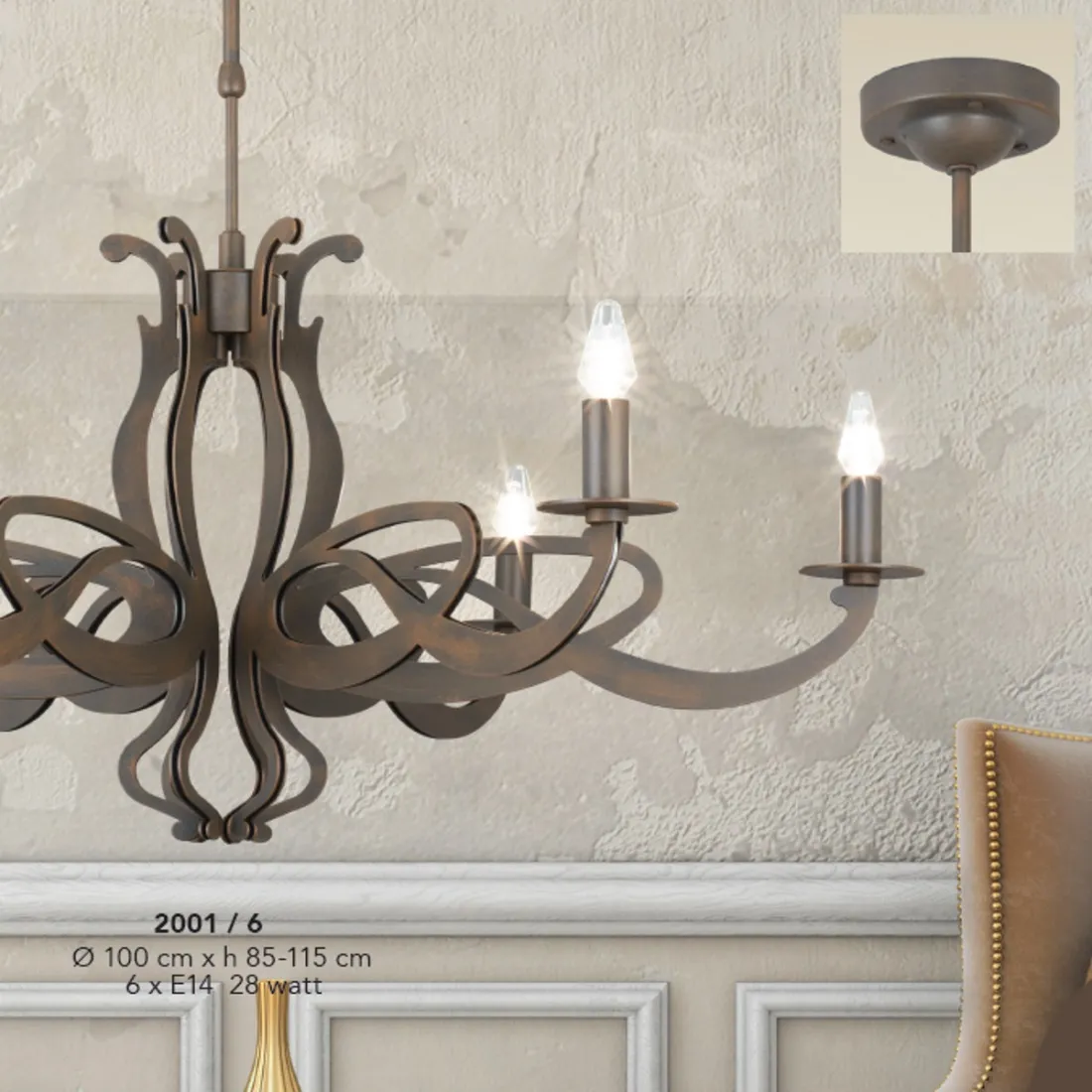 Lampadario LM-2001 6 E14 LED classico metallo decorato foglia sospensione interni