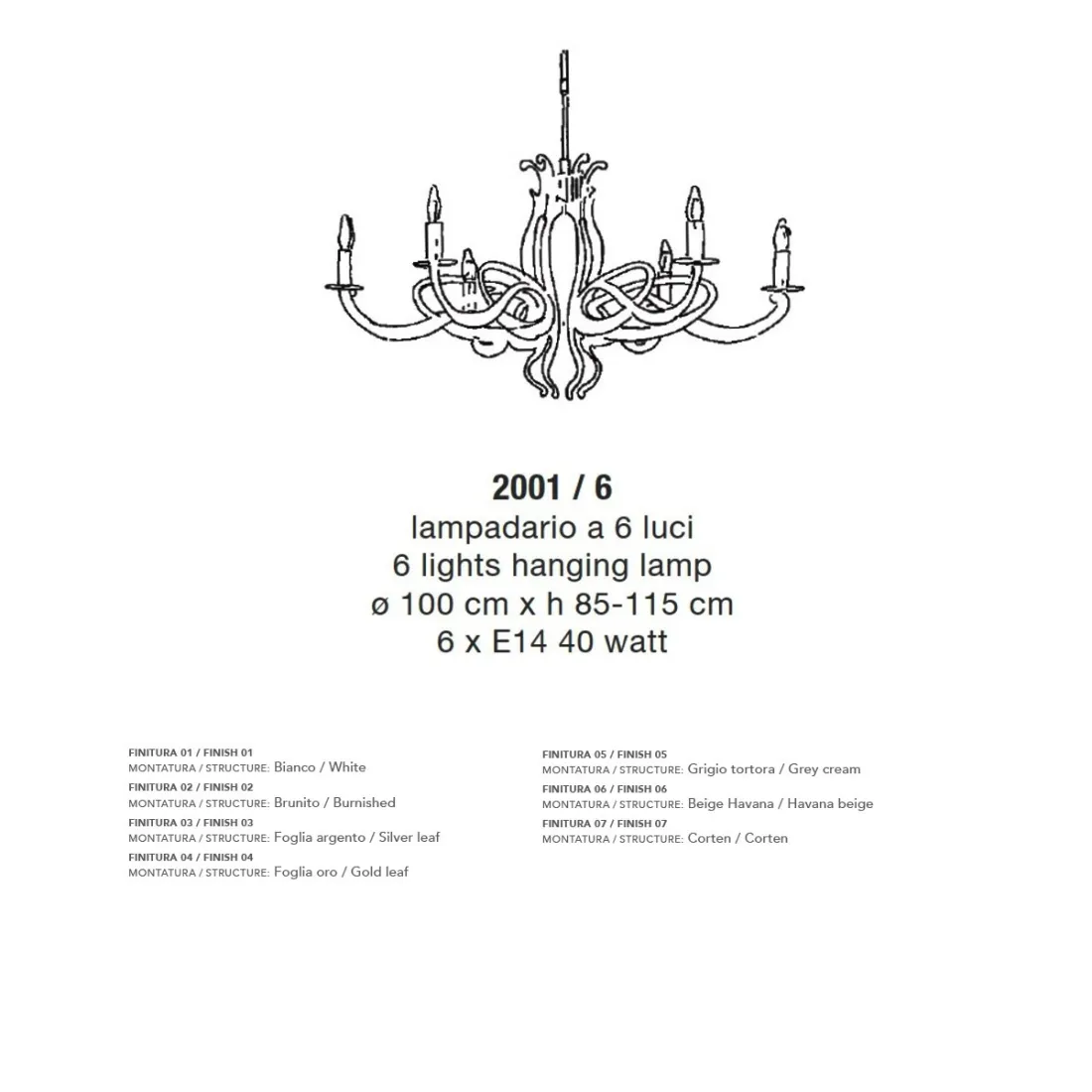 Lampadario LM-2001 6 E14 LED classico metallo decorato foglia sospensione interni