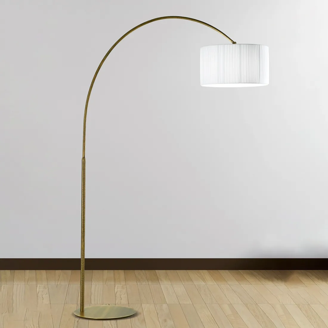 Piantana LM-6985 E27 LED piccola dimmerabile arco classica metallo tessuto plissettato lampada terra interni