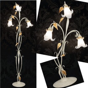 Stehlampe aus Metall mit Blättern und Blumenglas. 3x E14 Innen-LED.