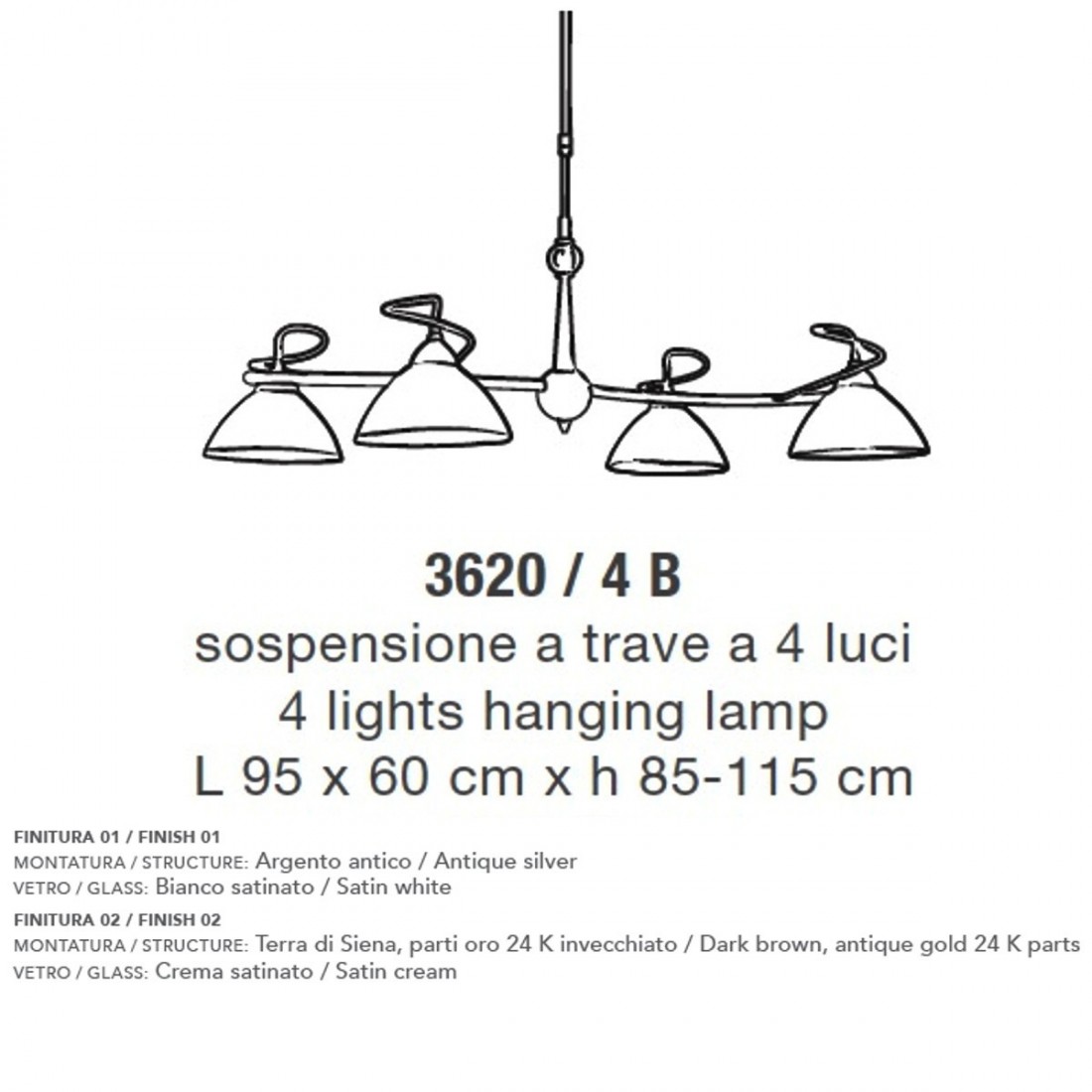 Lampadario LM-3620 4B E14 LED argento antico vetro bianco telescopico multiluce sospensione classica interno