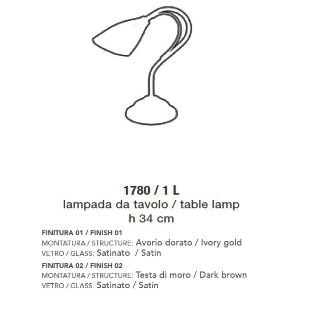 Lampe de table LM-1780 1L 34CM E14 LED classique en métal ivoire doré lampe de table en verre satiné marron foncé