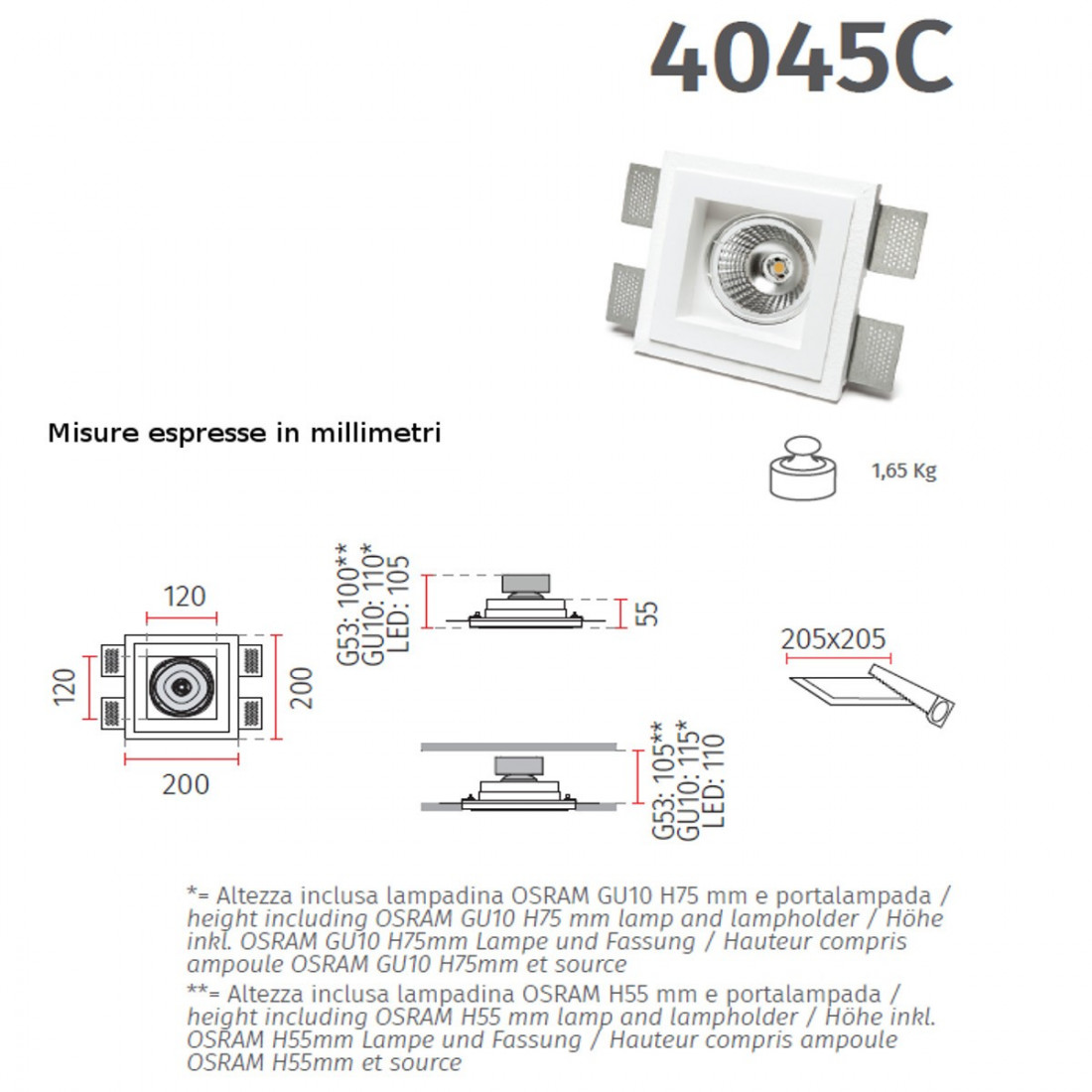 Spot encastré BF-4045C 3006 LED 6.5W SANS FIL SYSTÈME à peindre en plâtre blanc disparition carré plaque de plâtre interne IP20