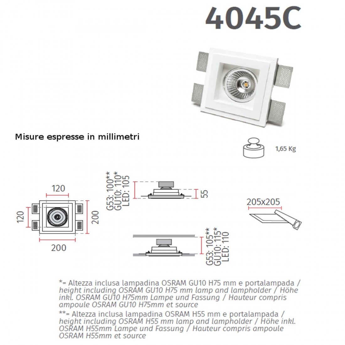 Spot encastré BF-4045C 3008 LED 13W WIRELESS SYSTEM plâtre blanc à peindre intérieur en plaque de verre rétractable IP20