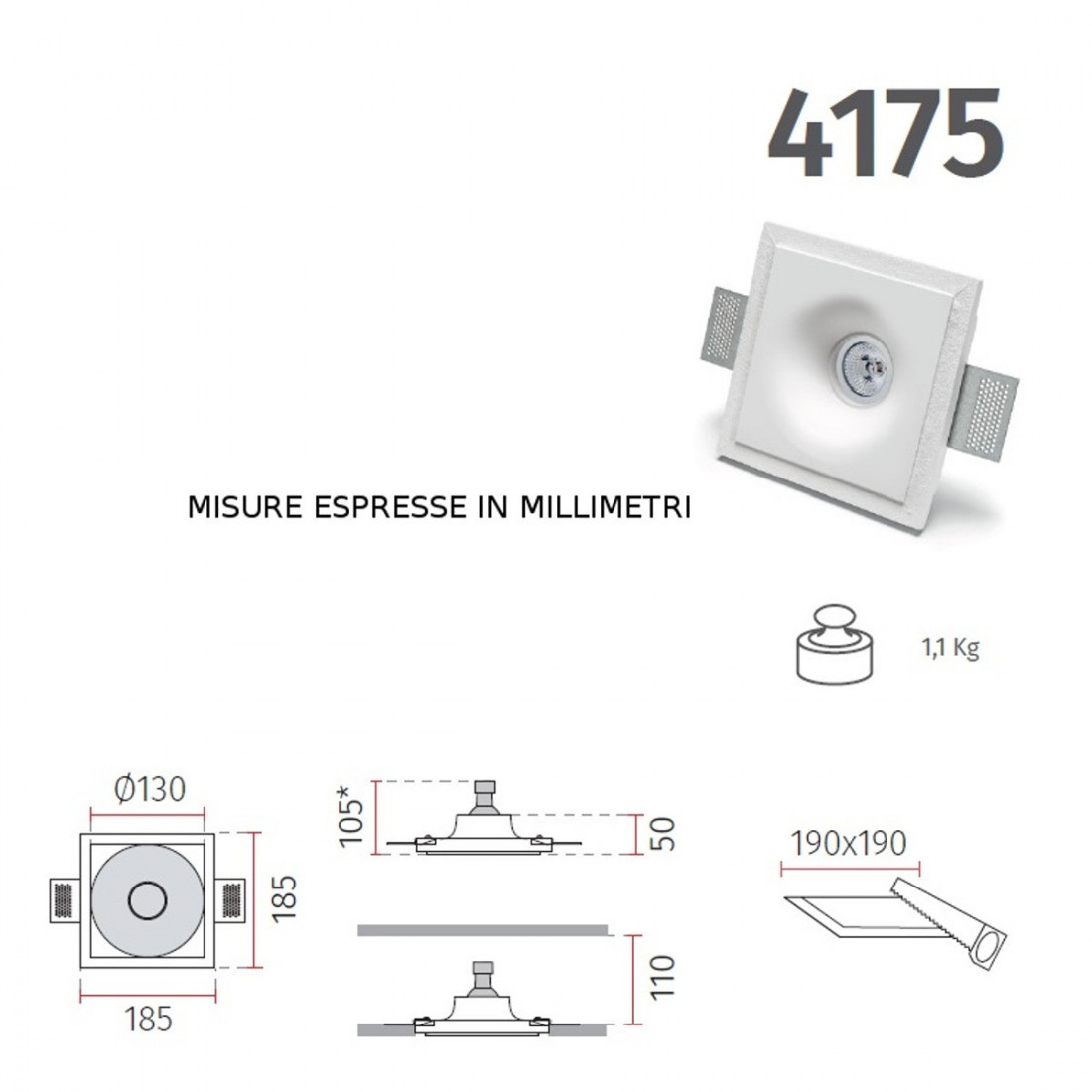 Spot encastré BF-4175 GU10 à LED en plâtre blanc à peindre en placoplâtre, maçonnerie interne IP20