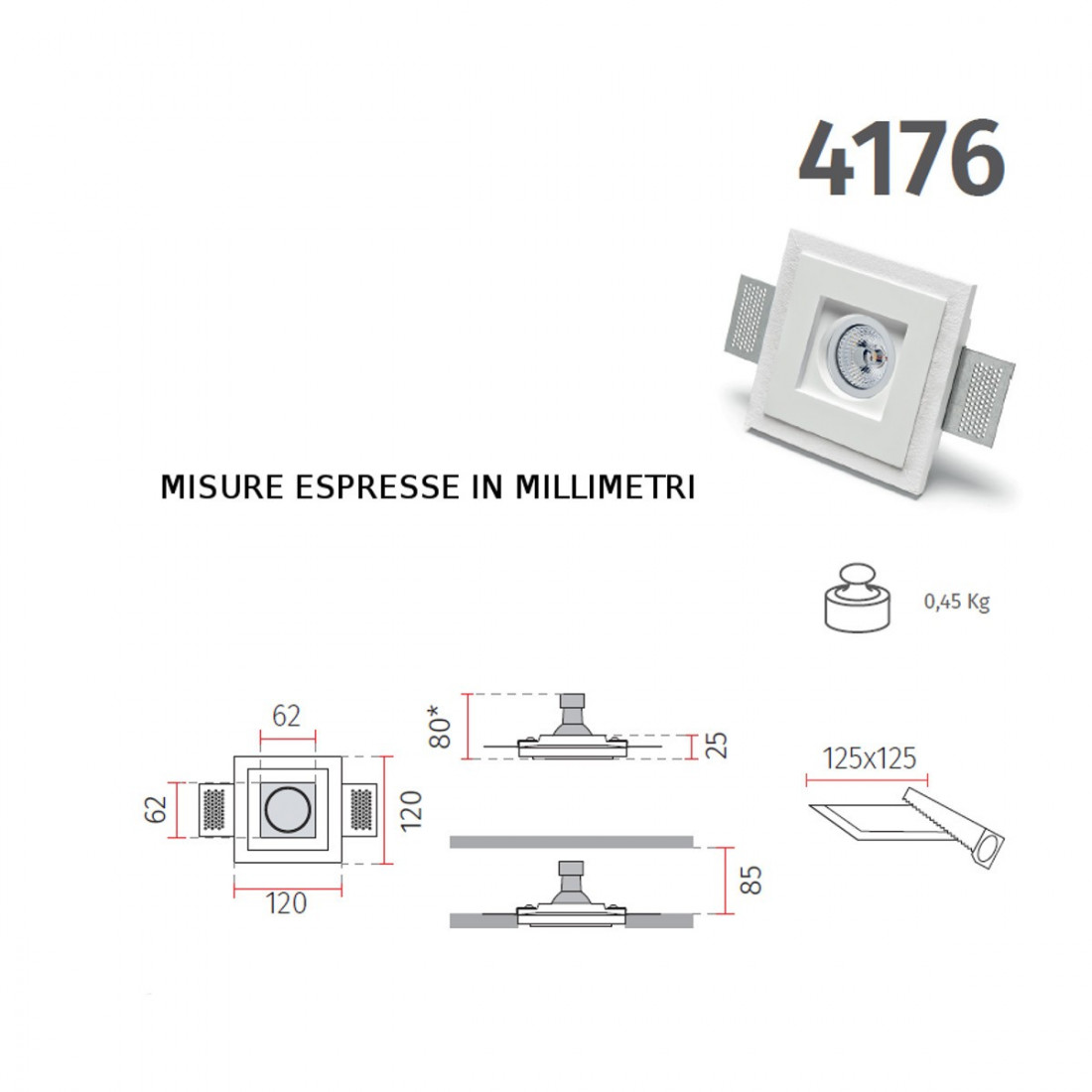 Faretto incasso BF-4176 GU10 LED gesso bianco verniciabile quadrato cartongesso muratura interno IP20