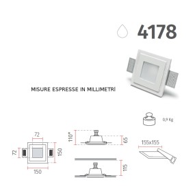 Faretto incasso BF-4178 GU10 led gesso bianco verniciabile quadrato cartongesso muratura IP20 IP44