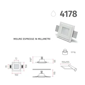 Faretto incasso BF-4178 GU10 led gesso bianco verniciabile quadrato cartongesso muratura IP20 IP44