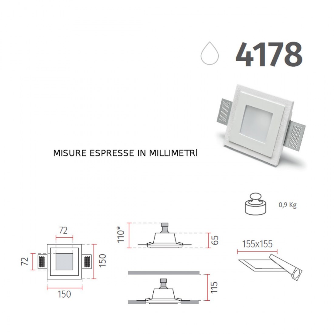 Faretto incasso BF-4178 GU10 led gesso bianco verniciabile quadrato cartongesso muratura IP20 IP44