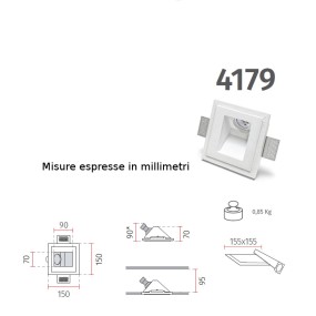 Faretto incasso BF-4179 GU10 led gesso bianco verniciabile quadrato segnapasso cartongesso muratura interno IP20