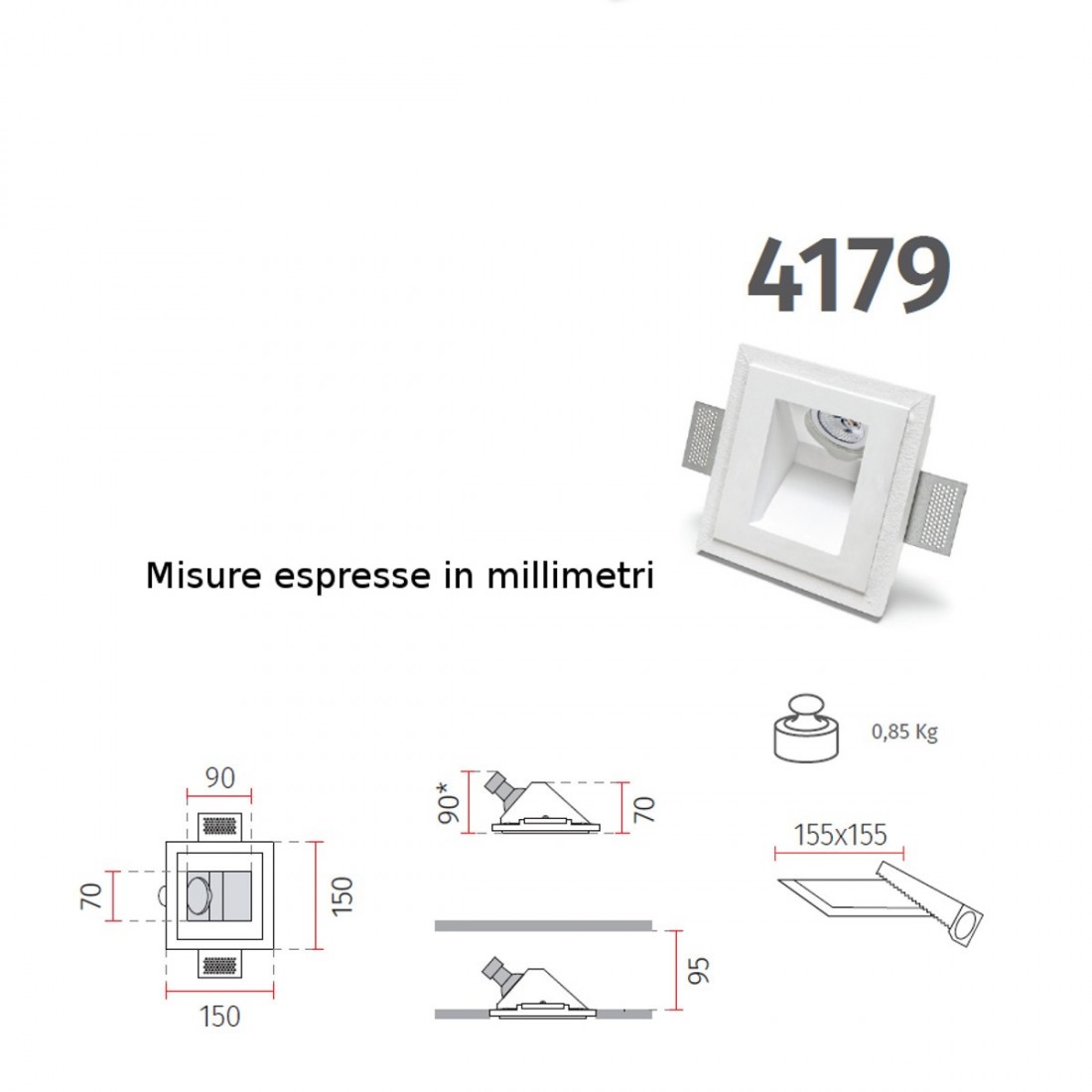 Spot encastré BF-4179 GU10 led plâtre blanc marqueur de chemin carré à peindre plaque de plâtre maçonnerie interne IP20