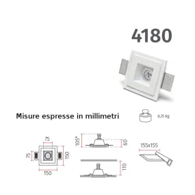 Spot encastré BF-4180 GU10 led plâtre blanc plafond carré peinturable plaque de plâtre mur intérieur IP20