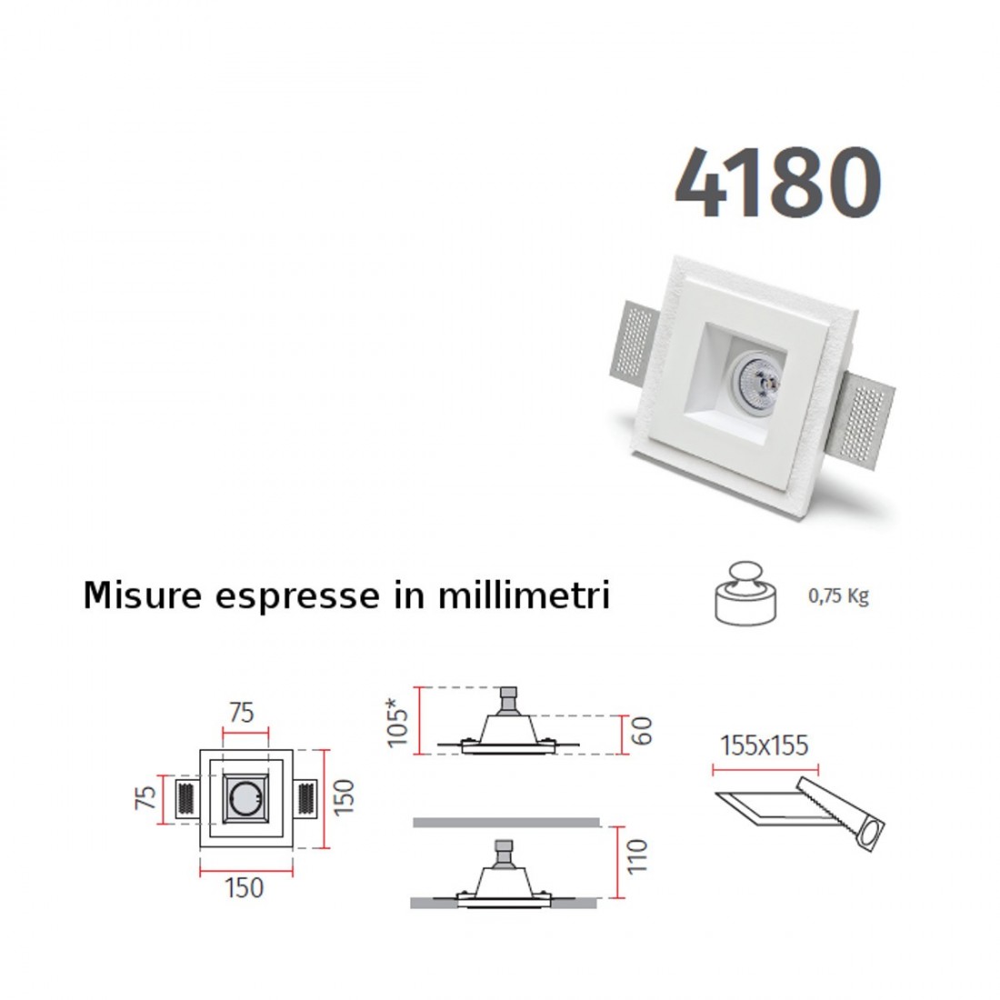 Faretto incasso BF-4180 GU10 led gesso bianco verniciabile quadrato soffitto cartongesso muro interno IP20