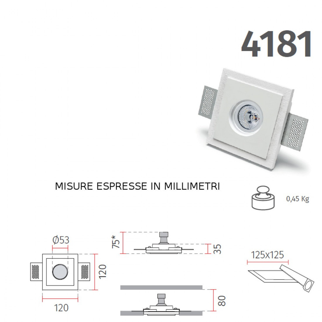 Faretto incasso BF-4181 GU10 35W LED gesso bianco verniciabile quadrato cartongesso muratura interno IP20