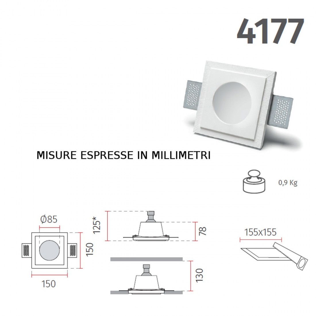 Spot encastré BF-4177 GU10 plâtre blanc à peindre en verre carré plafond plafond plaque de plâtre mur intérieur IP20